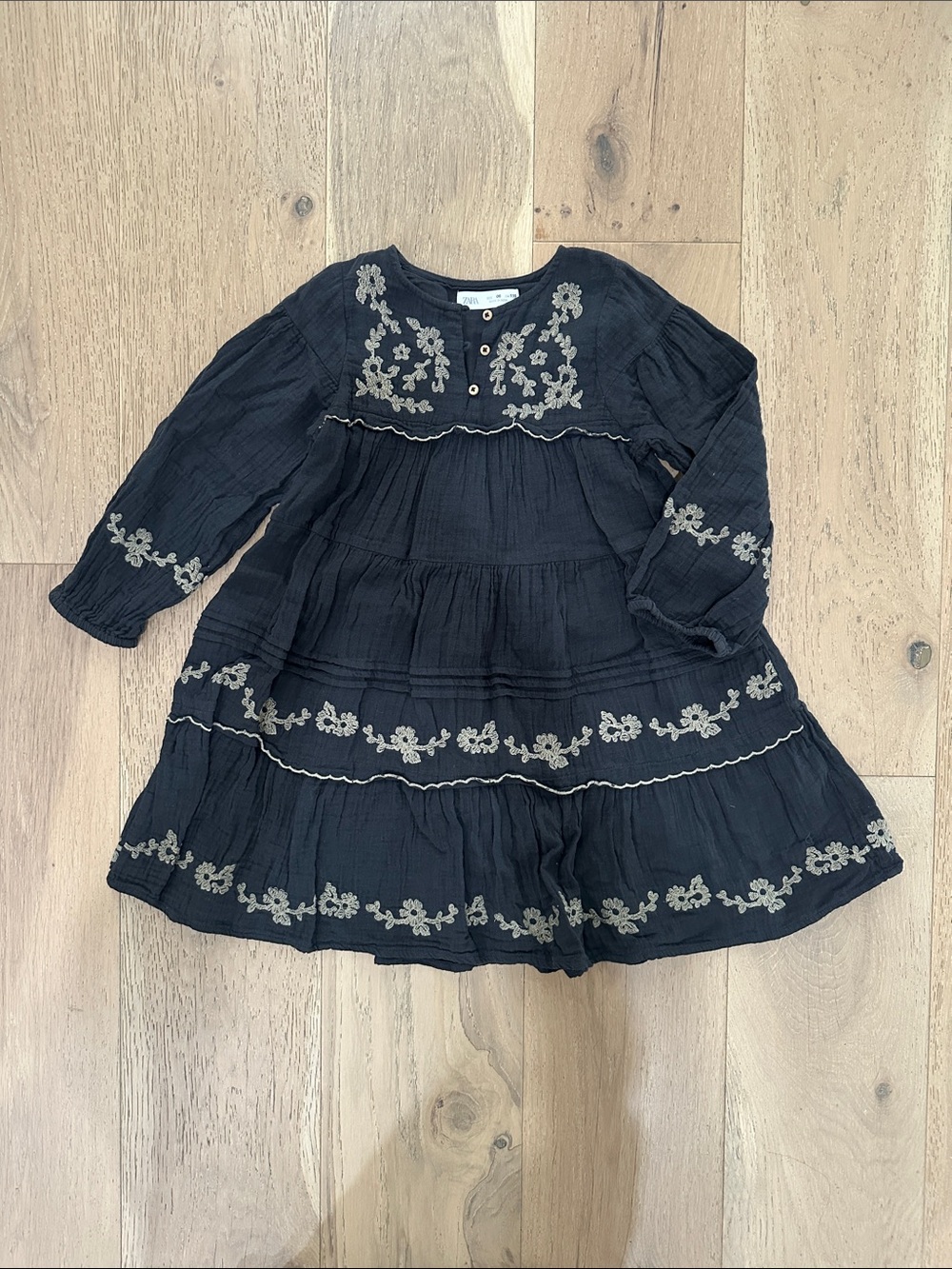 Zara Black Long-Sleeve Tiered Dress with Cream Floral Embroidery